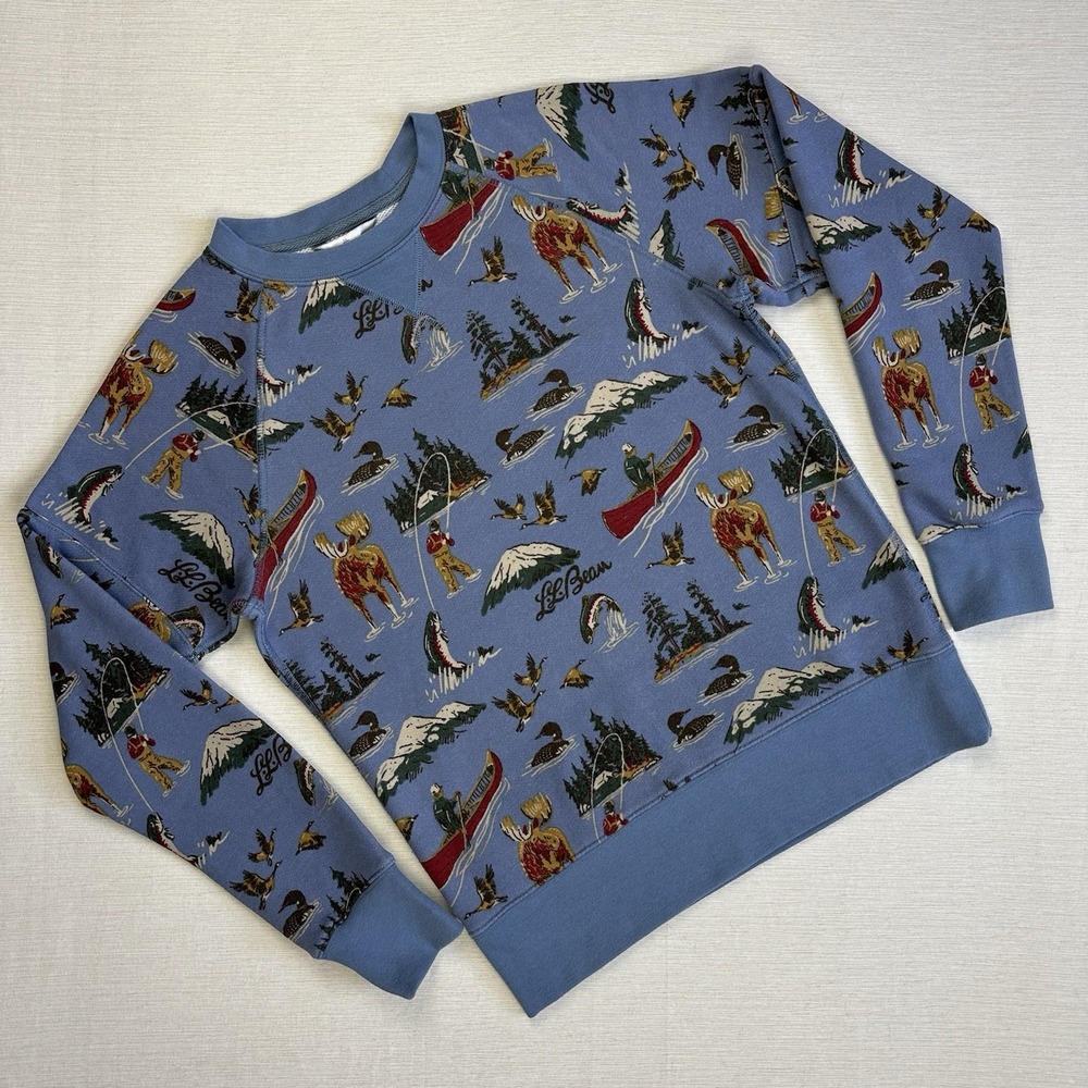 LL Bean Signature Print Sweatshirt Fishing Canoe Moose Women S Blue Gorpcore